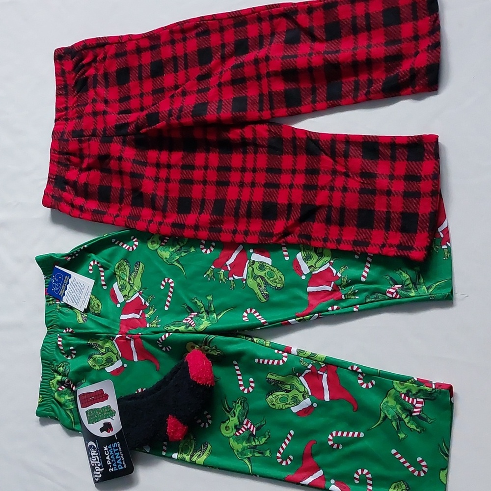up Late set 2 pack Boys pajama pants with socks Holidays‎ size S 4/5